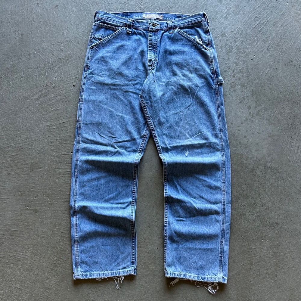 Vintage 90s Lee Carpenter Jeans Size 36x32 Blue Light Wash Dungaree Straight Leg